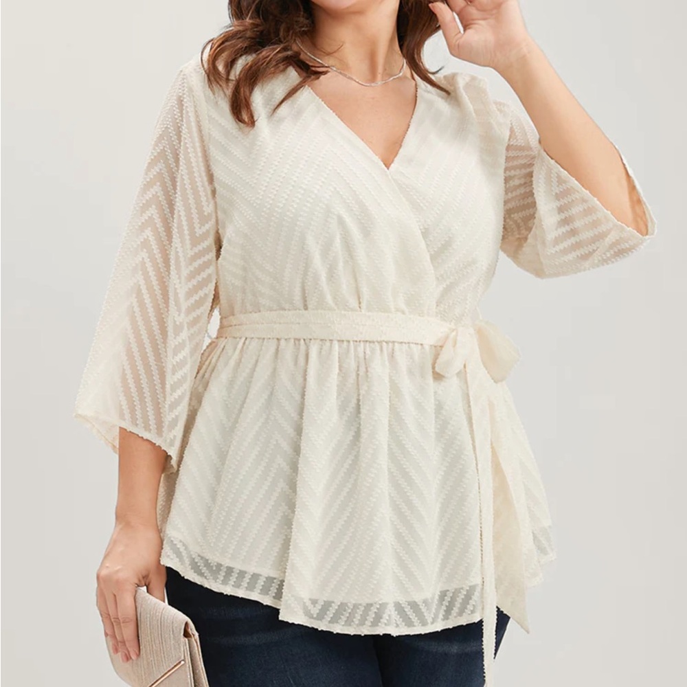 Plain Geometric Mesh Surplice Neck Belted Ruffles Blouse